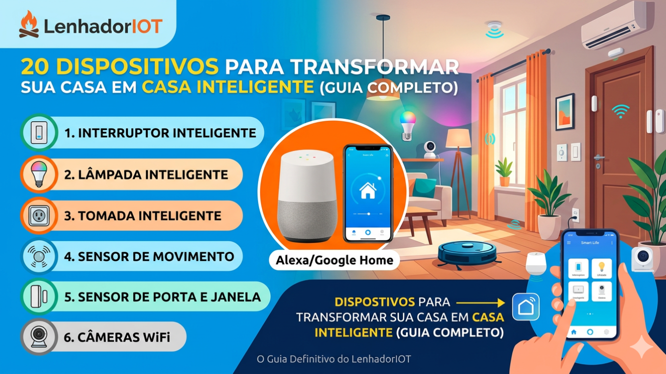 Infográfico explicativo sobre automação residencial do blog LenhadorIOT, apresentando uma lista de dispositivos para casa inteligente, como interruptores, lâmpadas, tomadas e sensores, ilustrados em um cenário de sala de estar moderna controlada por smartphone e assistente de voz.