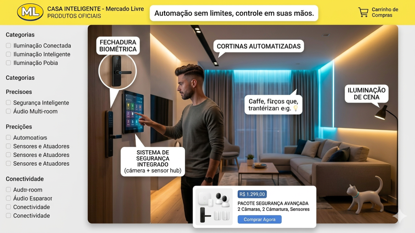 "Infográfico de casa inteligente com interface de controle por tablet, fechadura biométrica, cortinas automatizadas e kit de segurança do Mercado Livre em uma sala de estar moderna com iluminação LED RGB."