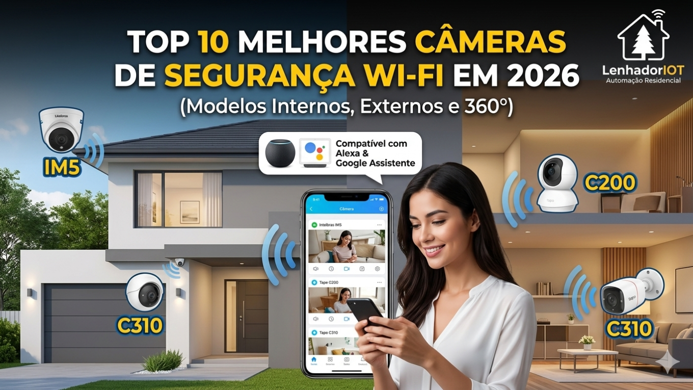Montagem mostrando uma câmera de segurança interna 360 graus e uma câmera externa bullet em uma casa moderna, com um smartphone exibindo o monitoramento em tempo real.