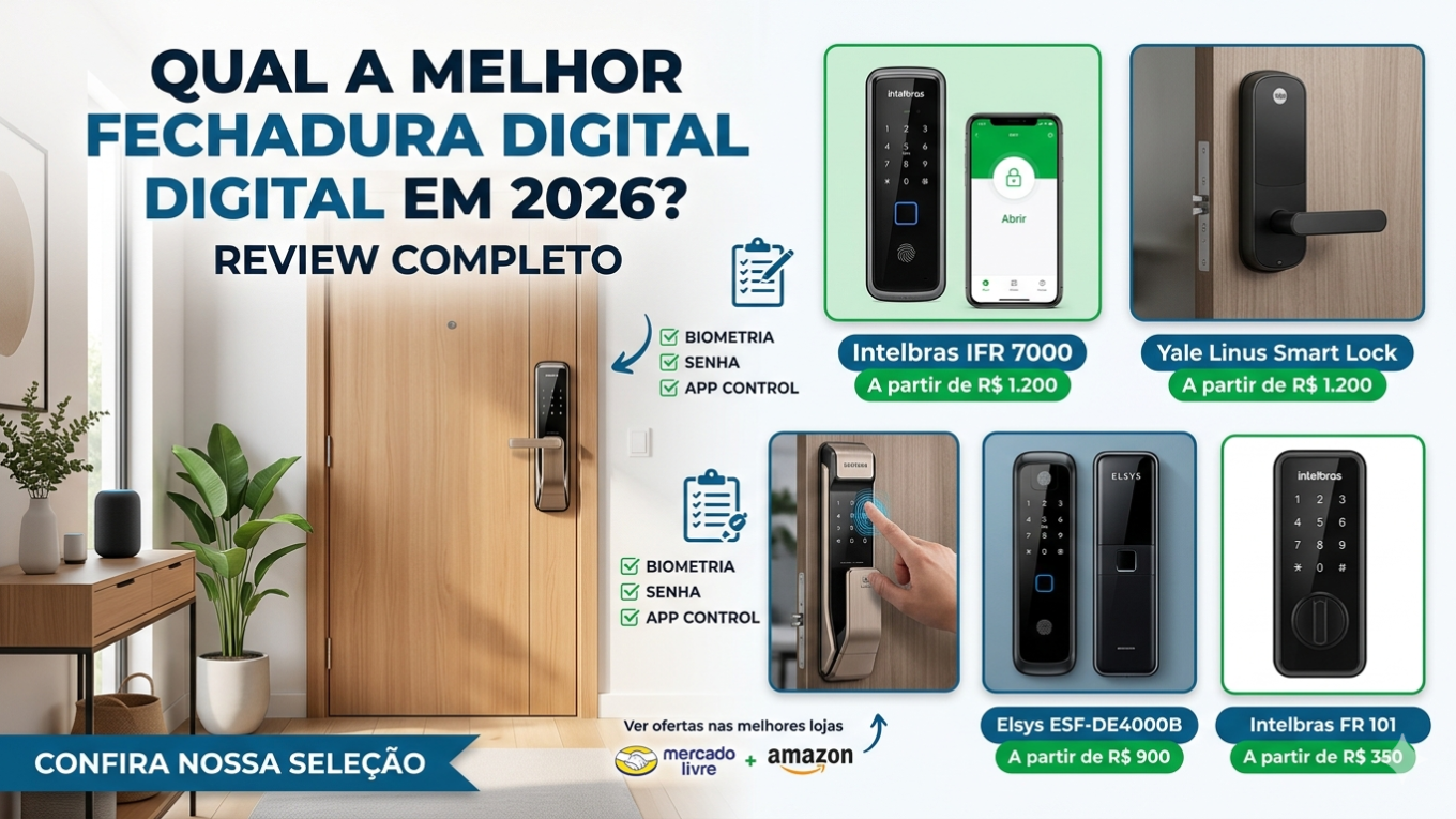 "Infográfico comparativo das melhores fechaduras digitais de 2026 para automação residencial, destacando modelos como Intelbras IFR 7000, Yale Linus Smart Lock, Elsys e Samsung, com preços e recursos de biometria, senha e aplicativo."