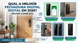"Infográfico comparativo das melhores fechaduras digitais de 2026 para automação residencial, destacando modelos como Intelbras IFR 7000, Yale Linus Smart Lock, Elsys e Samsung, com preços e recursos de biometria, senha e aplicativo."