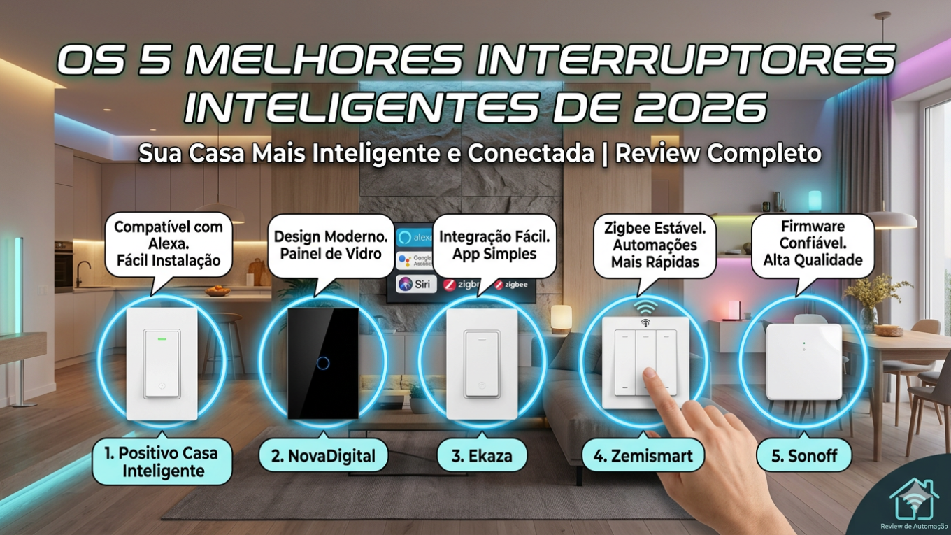 "Cinco modelos de interruptores inteligentes modernos em uma sala de estar automatizada com iluminação inteligente e ícones de controle por voz e aplicativo."