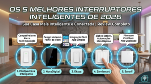 "Cinco modelos de interruptores inteligentes modernos em uma sala de estar automatizada com iluminação inteligente e ícones de controle por voz e aplicativo."