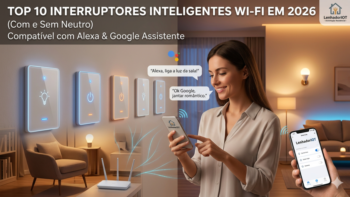 Infográfico do blog LenhadorIOT mostrando diferentes modelos de interruptores inteligentes Wi-Fi de 2026, com foco em design touch e integração com Alexa e Google Home em uma casa moderna.